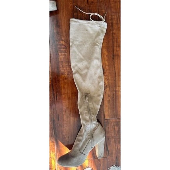 Lulu's Taupe Over-The-Knee Medieval Heeled Boots Side Zipper & Tie Closures 8.5 - Picture 3 of 9